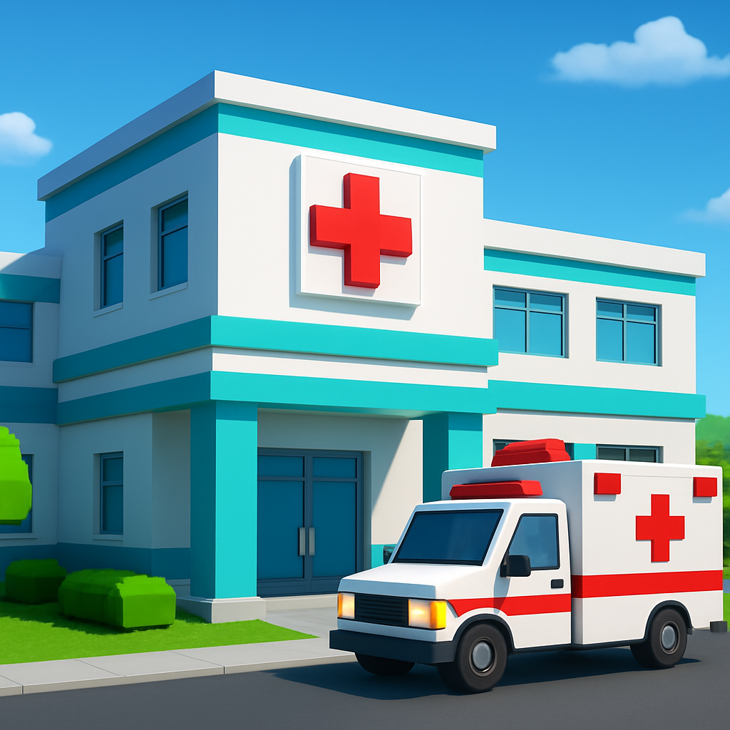 Roblox-style render of Meridian General Hospital exterior with an ambulance