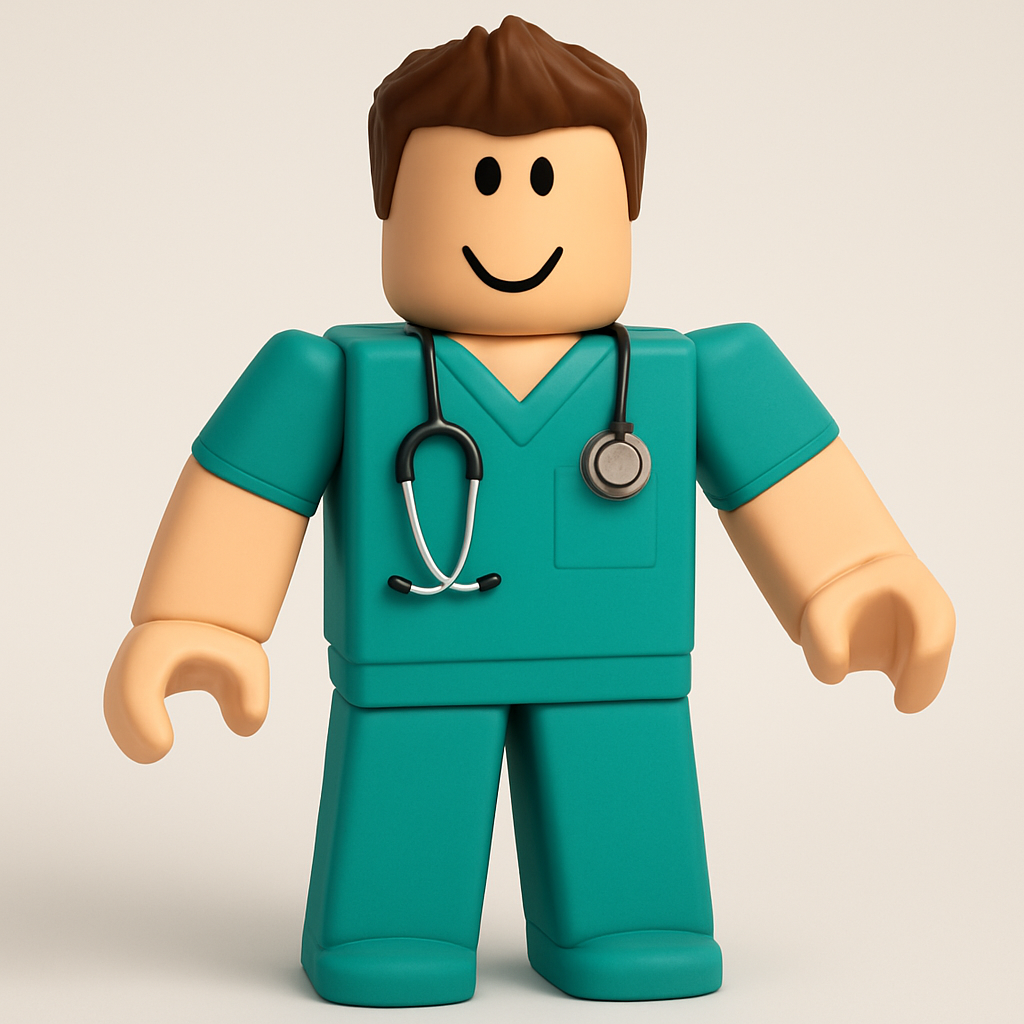 Roblox character wearing teal medical scrubs